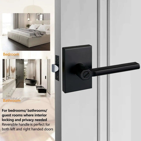Long Plate Bed And Bath Room Door Lever With Privacy Lock Matte Black Finish Heavy Duty Interior Door Handle Reversible For Left Or Right Handed Doors Adjustable Backset 60mm Or 70mm Child Proof Button Lock shown on bedroom and bathroom door