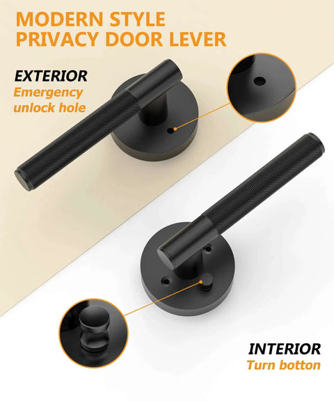 Privacy Door Handles With Lock 4 Pack Matte Black Interior Door Levers for Bedroom or Bathroom showing exterior and interior views.