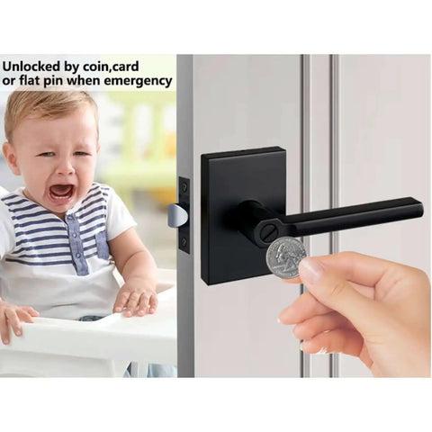 Long Plate Bed And Bath Room Door Lever With Privacy Lock Matte Black Finish shown with child-proof emergency coin unlock.