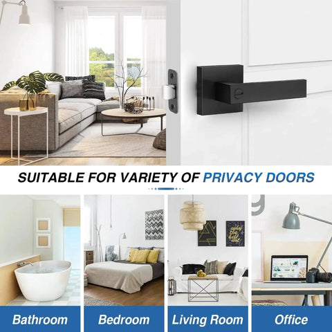 Six Pack Matte Black Privacy Door Levers with robust zinc alloy construction and brass components on various doors