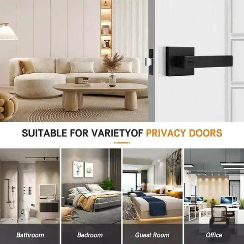 10 Pack Matte Black Privacy Door Levers With Square Rosette, shown in various room settings including bathroom and office.