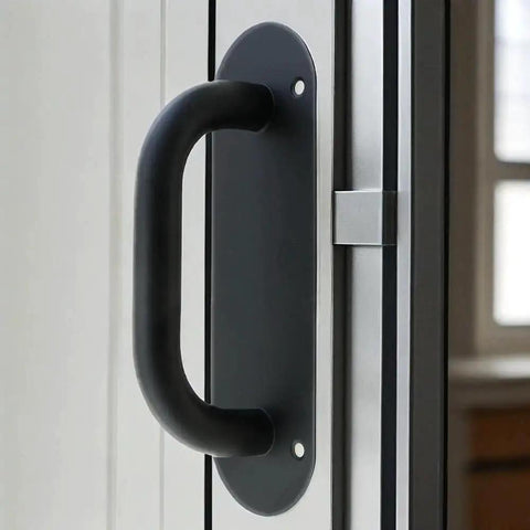 Two Pack Door Handle Pull Plate Stainless Steel Heavy Duty Barn Door Pull Handle For Sliding Barn Door Kitchen Cabinet Matte Black 7.8 Inch By 2.5 Inch Ideal For Residential And Commercial Use With Minimalist Aesthetic Durable Rust Resistant Hardware installed on door