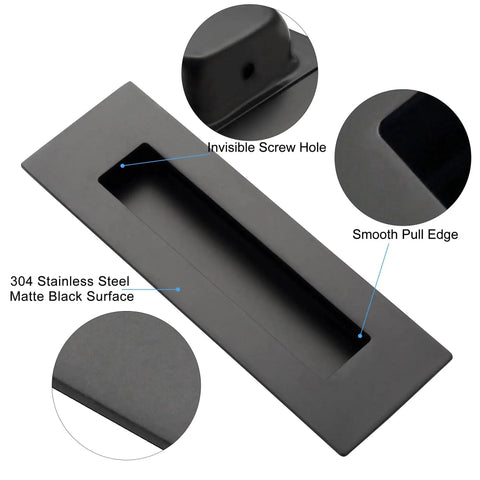 Front view of 6 Inch Recessed Finger Flush Pulls for Pocket Doors and Closet Doors, Matte Black Stainless Steel Rectangular Door Pulls Hardware, 304 Stainless Steel, Rust Resistant, Heavy Duty Sliding Barn Door Handle Set of Two