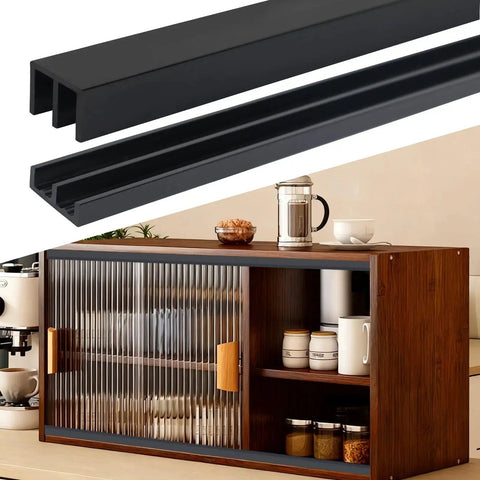 Two Sets Sliding Door Track For One Quarter Inch Thick Panels Glass Cabinet Sliding Track System With PVC Durable Low Noise Design Three Ft Long Per Set Easy To Install Matte Black Finish Ideal Sliding Door Hardware For Cabinets And Windows showing black tracks and wooden cabinet.