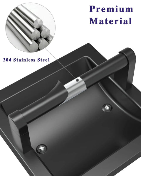 Close-up of matte black recessed toilet paper holder for large rolls, pivoting wall mount, featuring 304 stainless steel material.