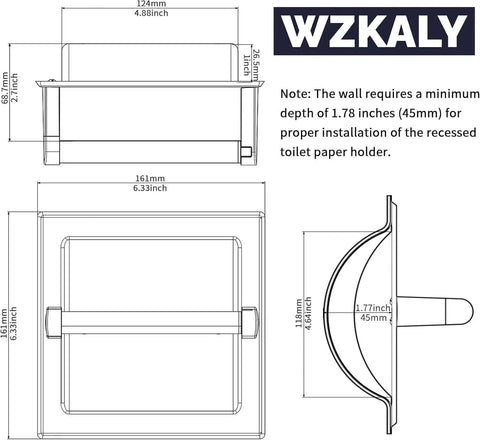 Technical drawing of Matte Black Recessed Toilet Paper Holder For Large Rolls Pivoting Wall Mount In Wall 304 Stainless Steel Rustproof