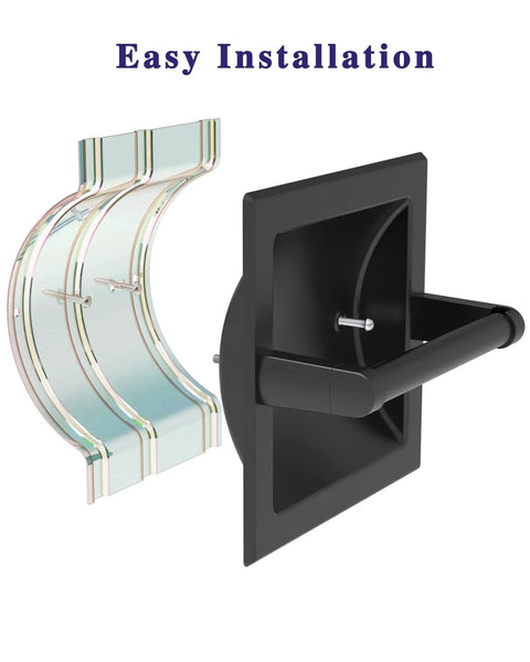 Installation view of Matte Black Recessed Toilet Paper Holder For Large Rolls Pivoting Wall Mount In Wall 304 Stainless Steel