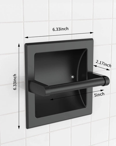 Matte Black Recessed Toilet Paper Holder For Large Rolls Pivoting Wall Mount In Wall 304 Stainless Steel Rustproof with dimensions
