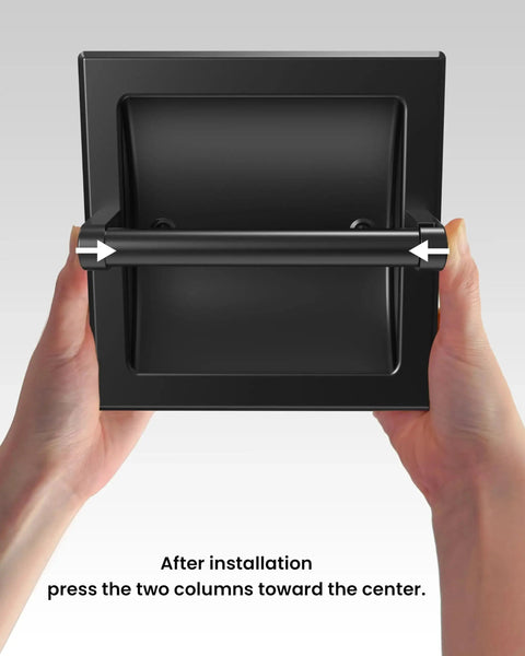 Hands showing Matte Black Recessed Toilet Paper Holder For Large Rolls Pivoting Wall Mount In Wall 304 Stainless Steel Rustproof