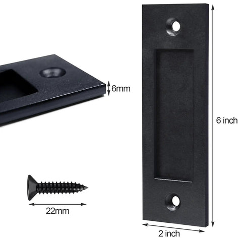 Finger Flush Pulls For Closet Pocket Sliding Barn Doors Set With Recessed Matte Black Rectangular Plate Handles Includes Mounting Hardware Heavy Duty Satin Black Finish Durable For High Use Closets And Interior Doors, showing dimensions and screw.