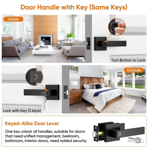 Heavy Duty Matte Black Interior Door Handles Kit 5 Pack Reversible Lever Knobs With Keyed Alike Locks for bedroom DIY install