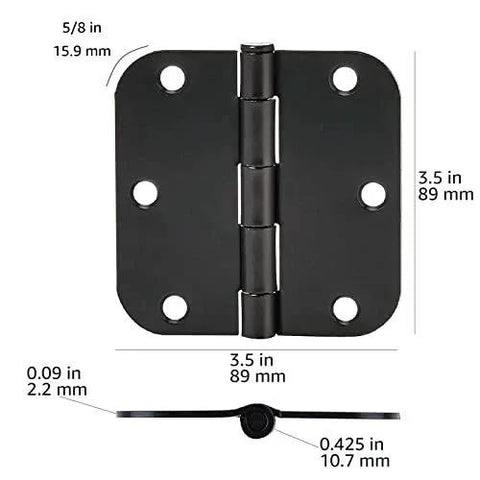 Sturdy Rounded Five Eighths Radius Interior Door Hinges 3.5 Inch By 3.5 Inch Matte Black 18 Pack Steel Construction, front view
