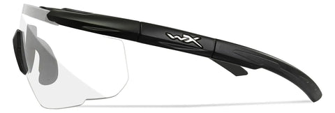 Side view of Matte Black Frames Shooting Glasses with ANSI Z87 Safety and Changeable Lenses featuring clear protective eyewear