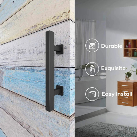 12 inch sliding barn door handles and pulls double sided hardware set, heavy duty solid steel, installed on rustic wood door