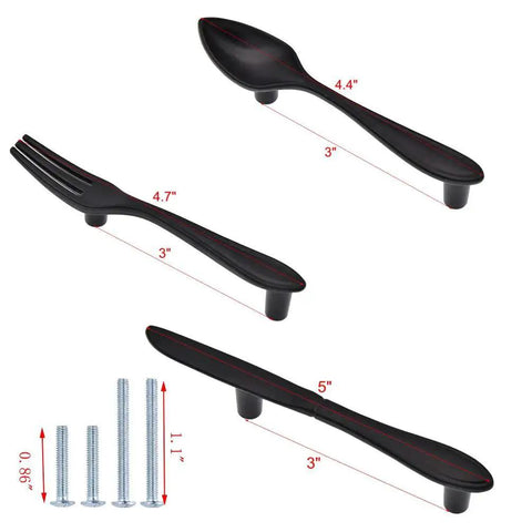 3 Pack Kitchen Cabinet Pulls Set Spoon Knife Fork Shaped Door Handles Matte Black Zinc Alloy 3 Inch Center To Center Mounting Holes