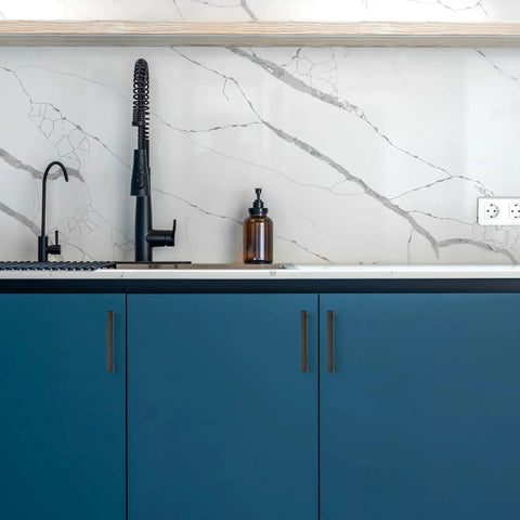 30 Pack Cabinet Pulls Slim Square Bar 3 Inch Hole Center Matte Black on blue kitchen cabinets with marble backsplash