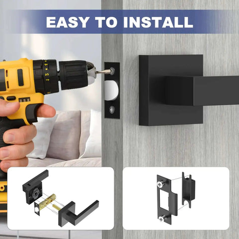 Easy installation of Matte Black Passage Door Lever Set Heavy Duty Square Interior Door Handles For Hallway And Closet Reversible Non Locking Levers For Right Or Left Doors Eight Pack shown with drill