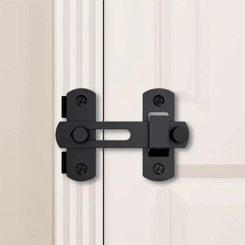 Stainless Steel Door Lock For Barn Doors Rust Resistant Sliding Barn Door Latch installed on white door. Matte black finish.