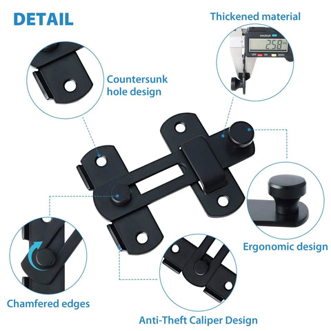Detailed view of 4 inch Flip Latch Gate Latches, Safety Door Lock featuring SUS304 stainless steel, matte black, ergonomic and caliper design