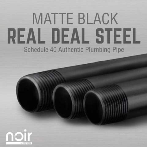 Matte black steel plumbing pipe schedule 40, close-up view, suitable for industrial use, featuring threaded ends.