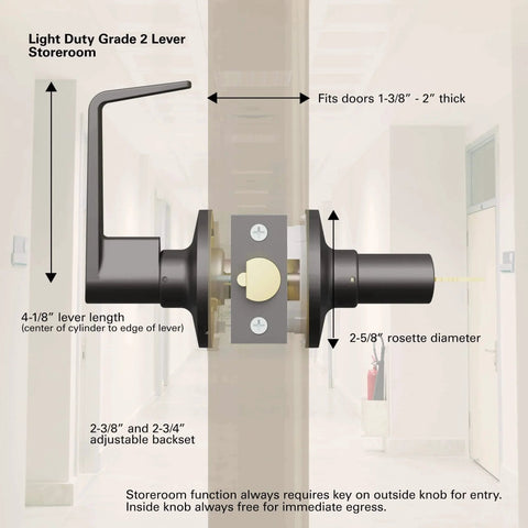 Diagram of Brinks Commercial 4 Pack Light Duty Keyed Door Entry Storeroom Lever Matte Black showing dimensions and installation details