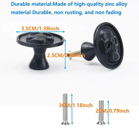 Matte Black Zinc Skull Cabinet Knobs For Drawers Doors And Furniture Hardware, front view with size and screws