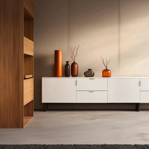 Edge Finger Tab Cabinet Pulls Pack of 10 Aluminum Hidden Door Handles in Modern Matte Brass installed on white cabinets