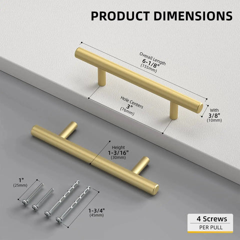 Solid Iron Cabinet Pulls 3 Inch Matte Gold Handles for Kitchen Cabinets dimensions and screws display