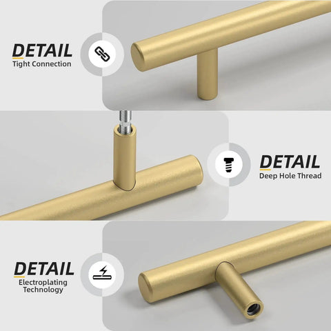 Solid Iron Cabinet Pulls 3 Inch Matte Gold Handles detail view showing tight connection, deep hole thread, and electroplating technology.