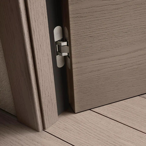 Three Way Adjustable Invisible Hinges For Hidden Doors Concealed Hinges Slick Zinc Alloy 180 Degree Swing Matte Silver installed
