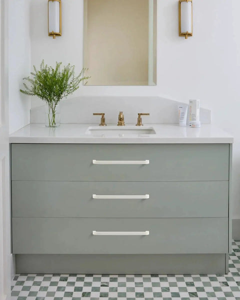 Bathroom with Five Pack White Kitchen Cupboard Handles With Seven And A Half Inch Hole Center Modern Dresser And Drawer Pulls Square Rod Curved Design Aluminum Alloy Hardware Available In Gold Matte White And Matte Black Finishes.