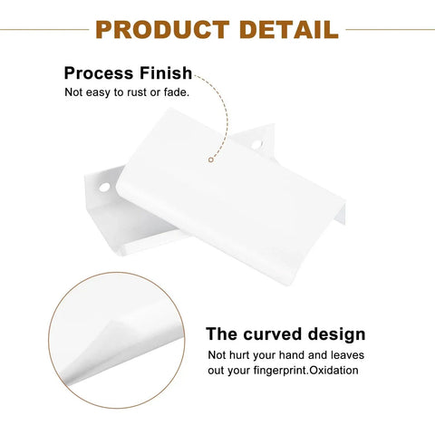 Product detail of matte white 10 Pack Edge Drawer Pulls For Cabinets with rust-resistant finish and curved design.