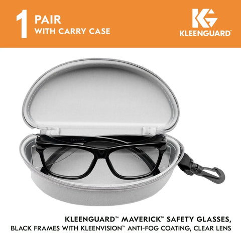 Maverick V30 Safety Glasses With Clear Lenses Anti Fog Coating Black Frame Case in open grey case