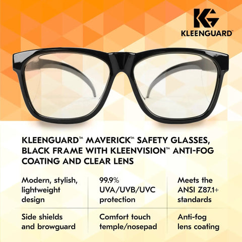 Maverick V30 Safety Glasses With Clear Lenses Anti Fog Coating Black Frame Case displayed against a branded background