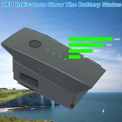 Two Pack 3830mAh 11.4V Intelligent Flight Batteries For Mavic Pro Series Including Pro, Pro Platinum, And Pro White Replacement Power For Extended Flight Time, Smart Battery Features, And Strict Quality Testing For Safe, Reliable Operation showing LED indicator lights against a coastal landscape.