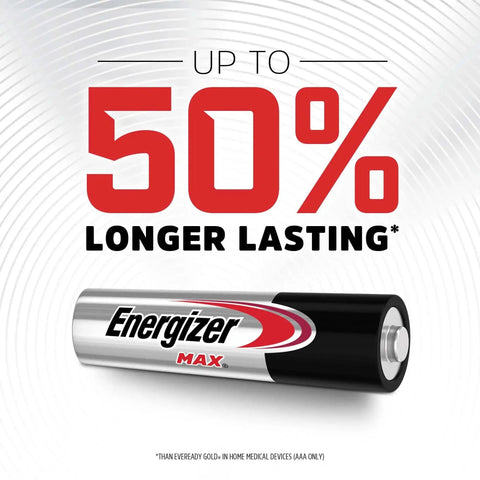 Energizer MAX AAA battery with text 'Up to 50% Longer Lasting' highlighting its extended durability for toys and flashlights.