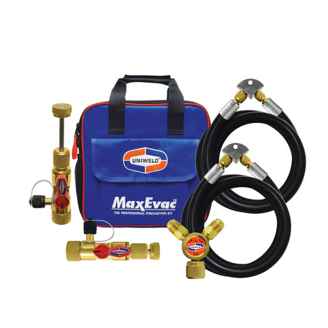 Uniweld MaxEvac Pro 1/2 in hose evacuation kit with core removal tool; blue carrying case, brass fittings, black hoses