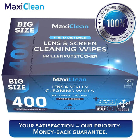 Box of Pre-Moistened Glasses Wipes For Eyewear And Screens Ammonia Free 400 Count with satisfaction guarantee seal