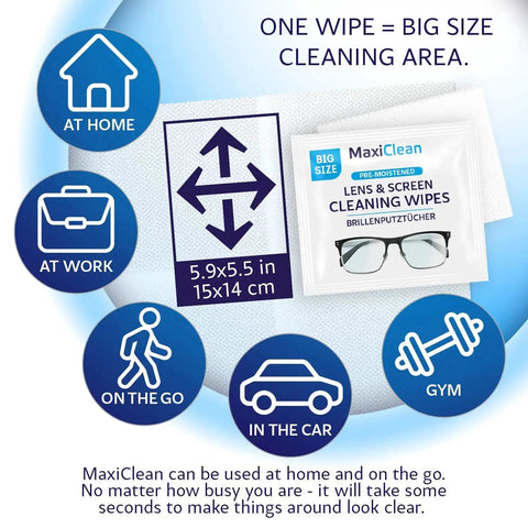Pre-Moistened Glasses Wipes For Eyewear And Screens Ammonia Free 400 Count with size and usage illustrations