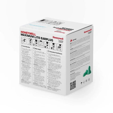 Box of Honeywell Maximum Lite earplugs for small ears, featuring Low Pressure Disposable Foam Earplugs For Smaller Ears, 200 Pairs Green.
