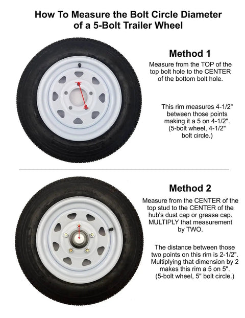 Instructions on measuring bolt circle diameter for 5-bolt wheel, showing two methods with diagrams.
