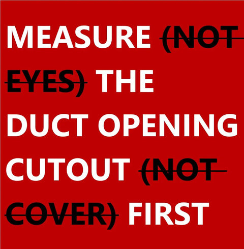 Measurement advice text on red background for Ultra Quiet 10 Speed Smart Register Booster Fan For 6x12 Duct Opening Cutout With Remote Control Programmable Thermostat Energy Saving HVAC Vent Booster For Wall Or Floor Registers Corded White By VELLEE