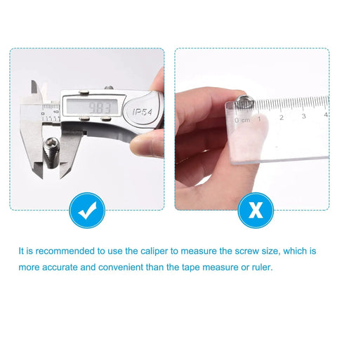 Digital caliper measuring Ball Point Set Screws M4 x 10mm 304 Stainless Steel, compared with manual ruler for precision positioning