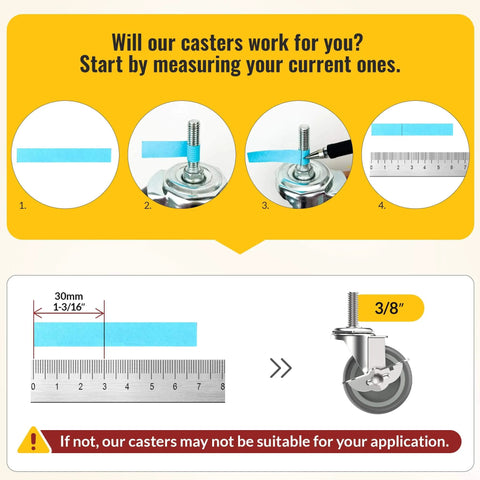 How to measure caster stems with ruler guide for 3 Inch Locking Caster Wheels Set of 4 with Threaded Stem 3/8-16 x 1-1/2