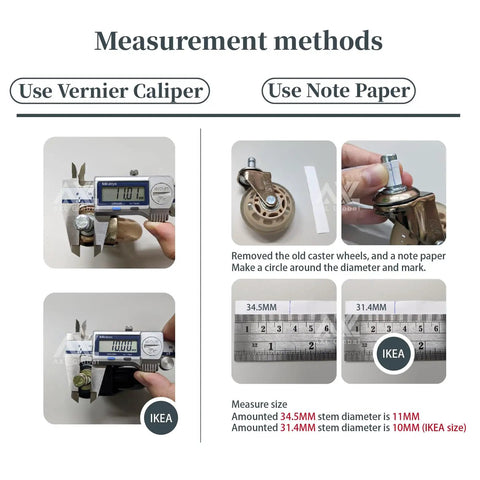 Measurement methods for 10mm Stem Office Chair Wheels for IKEA Chairs using caliper and note paper