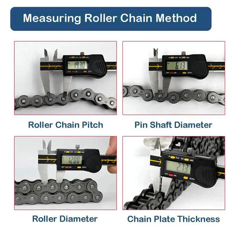 Caliper measuring roller chain pitch, pin shaft diameter, roller diameter, and chain plate thickness for sprocket sizing.