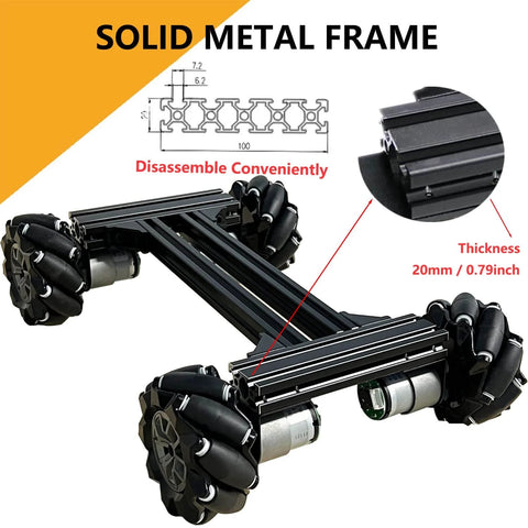 Mecanum Wheel 4WD Metal Robot Car Chassis Learning Kit in black with solid metal frame and omnidirectional wheels.