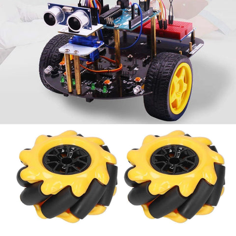 Mecanum Wheel 60mm, OmniDirectional Smart Robot Car Parts with yellow and black design, shown with robot car base.