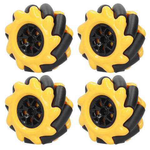 Four Mecanum Wheel OmniDirectional Smart Robot Car Parts Accessories DIY Toy Components 60mm, yellow and black, top view