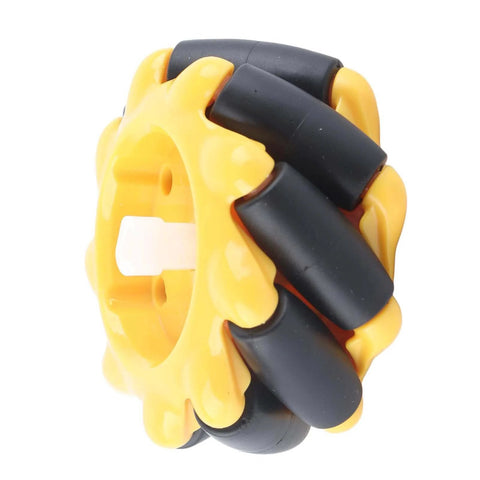 Close-up of Mecanum Wheel 60mm, OmniDirectional Smart Robot Car Parts showing yellow and black rollers, side view